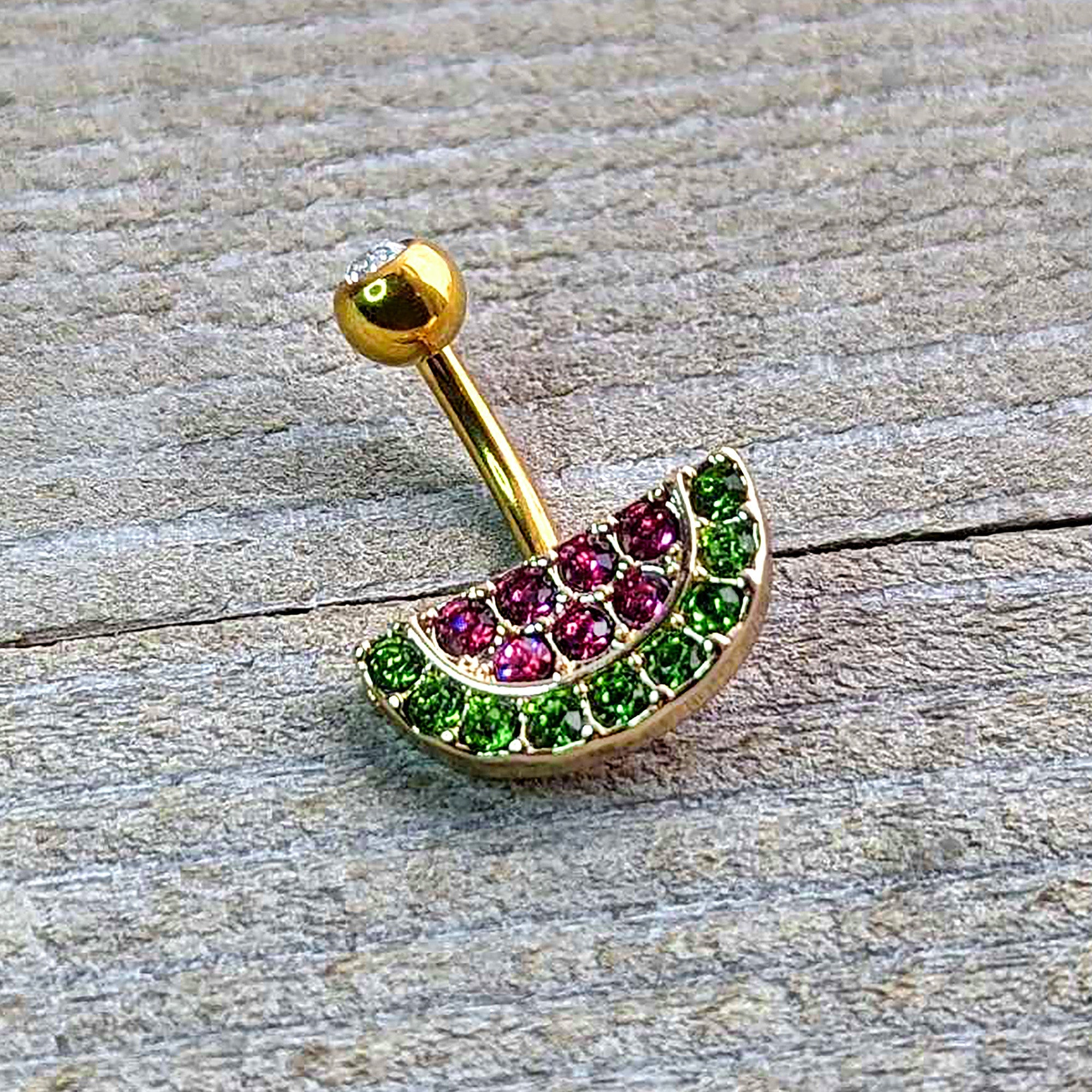 BodyCandy Pink Green Gem Gold Tone Watermelon Yum Belly Ring — lifestyle context