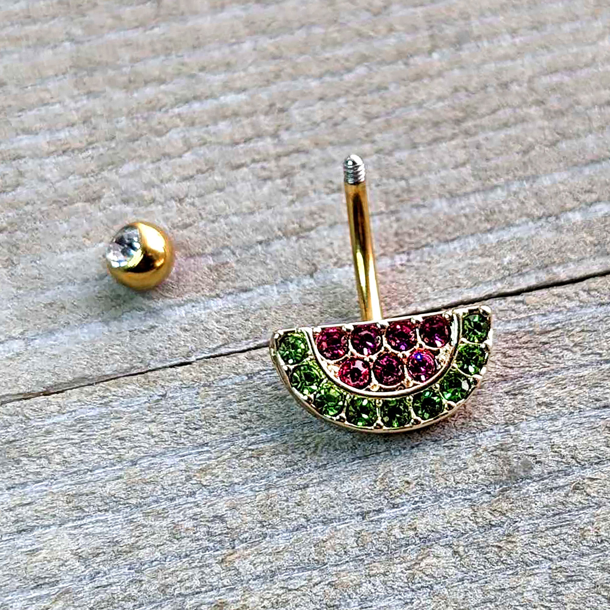 BodyCandy Pink Green Gem Gold Tone Watermelon Yum Belly Ring — side view