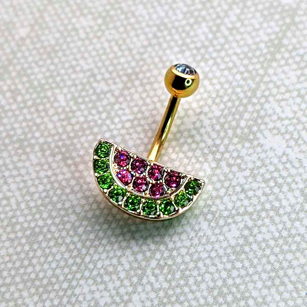 BodyCandy Pink Green Gem Gold Tone Watermelon Yum Belly Ring — alternative angle