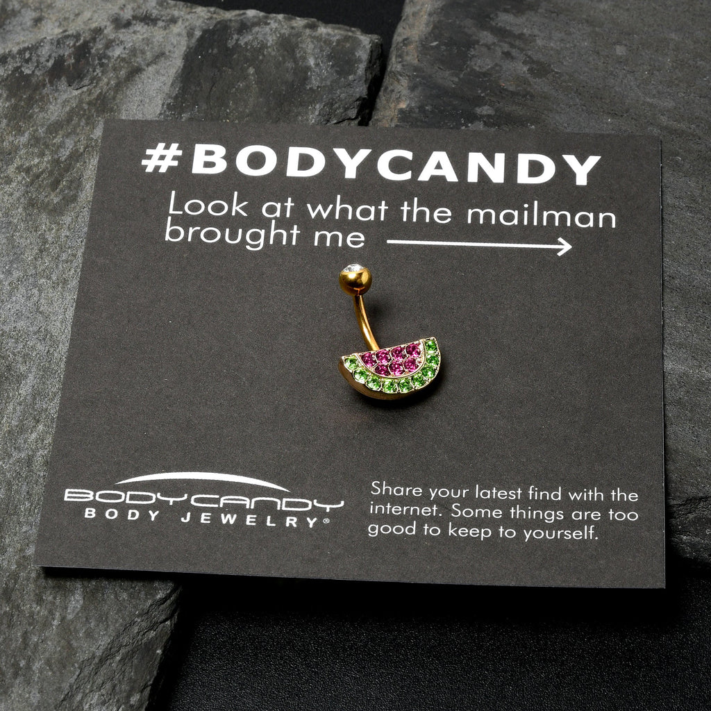 BodyCandy Pink Green Gem Gold Tone Watermelon Yum Belly Ring — in-use photo