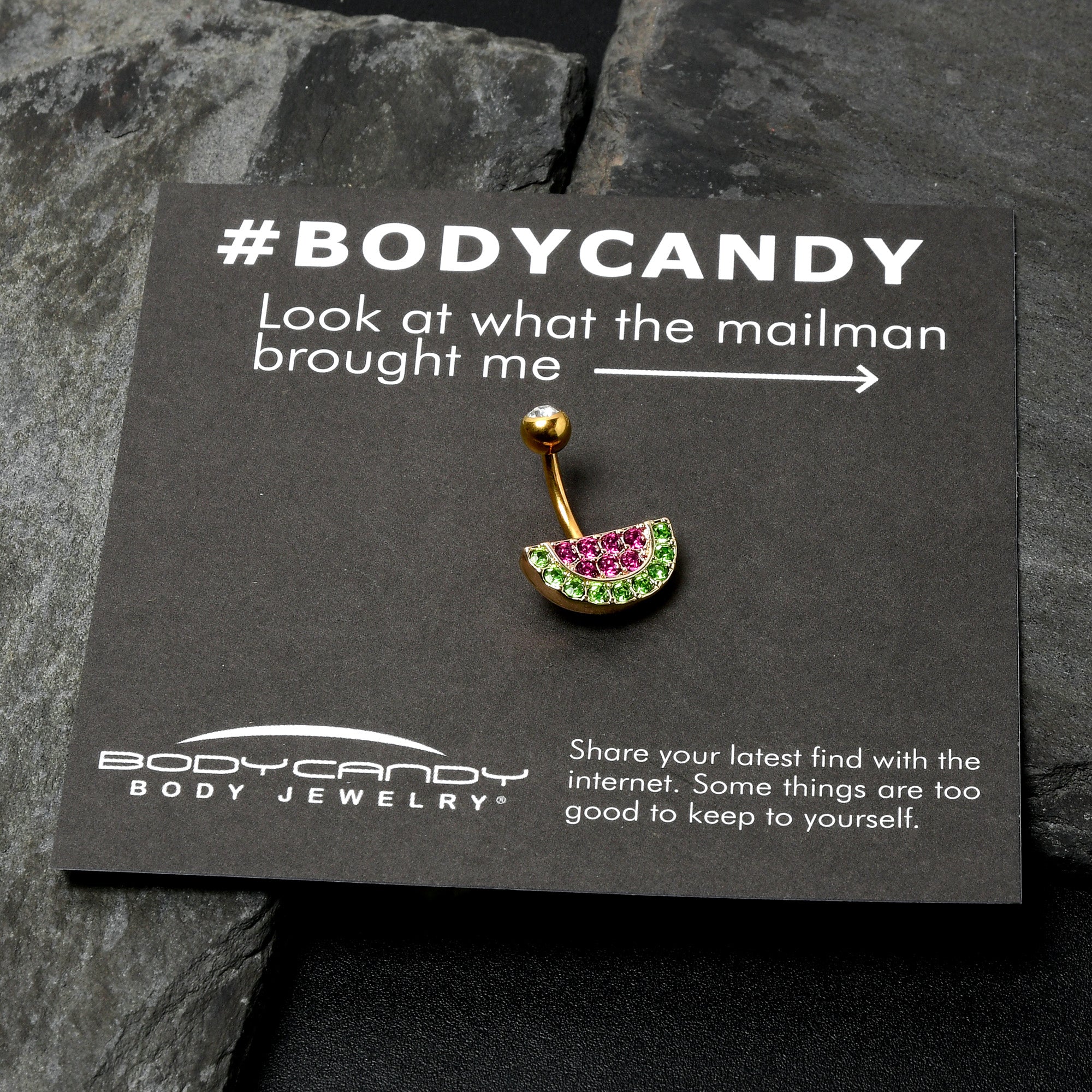BodyCandy Pink Green Gem Gold Tone Watermelon Yum Belly Ring — in-use photo