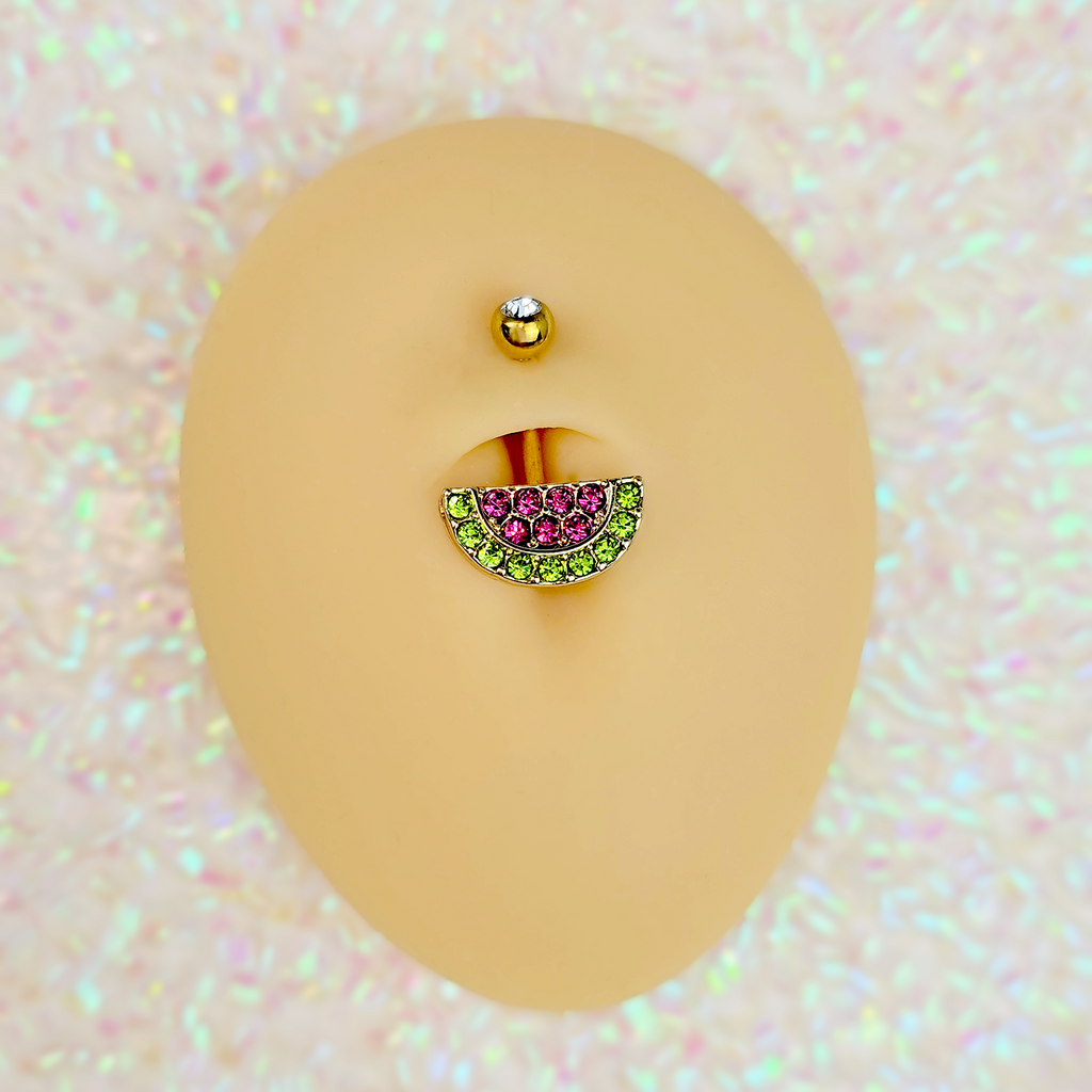 BodyCandy Pink Green Gem Gold Tone Watermelon Yum Belly Ring — color detail