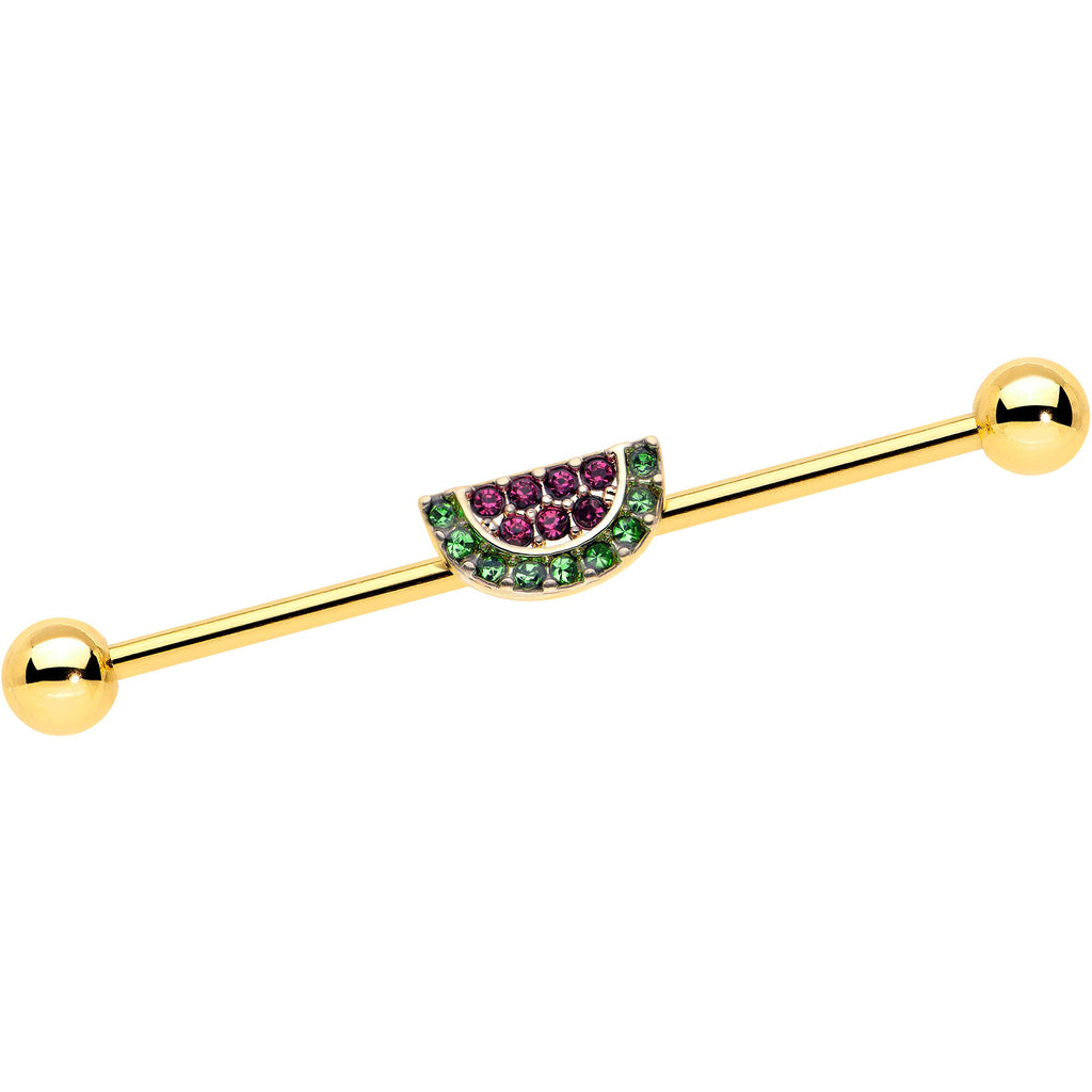 BodyCandy 14G Pink Green Gem Gold Hue Watermelon Yum Industrial Barbell 38mm — main product shot