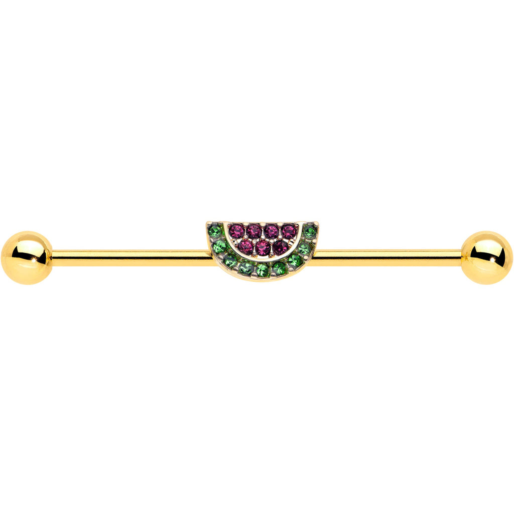BodyCandy 14G Pink Green Gem Gold Hue Watermelon Yum Industrial Barbell 38mm — detail close-up