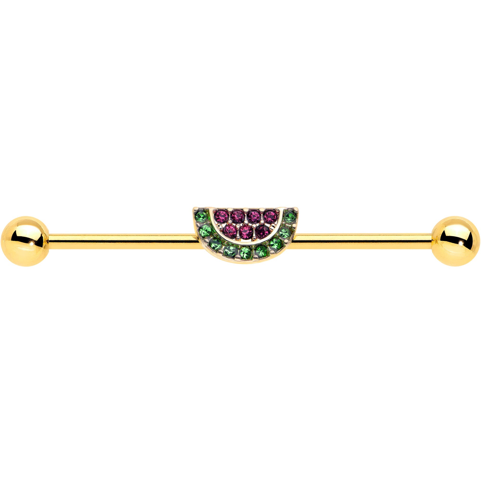 BodyCandy 14G Pink Green Gem Gold Hue Watermelon Yum Industrial Barbell 38mm — detail close-up