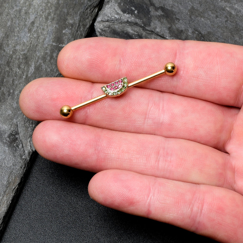 BodyCandy 14G Pink Green Gem Gold Hue Watermelon Yum Industrial Barbell 38mm — lifestyle context