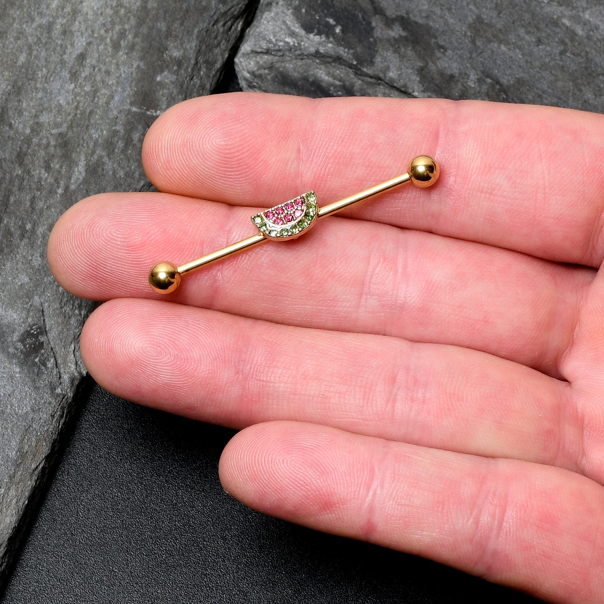 BodyCandy 14G Pink Green Gem Gold Hue Watermelon Yum Industrial Barbell 38mm — lifestyle context
