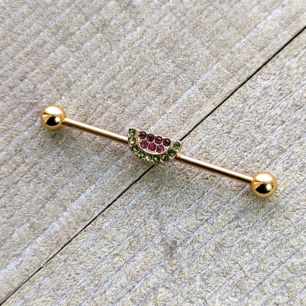 BodyCandy 14G Pink Green Gem Gold Hue Watermelon Yum Industrial Barbell 38mm — side view