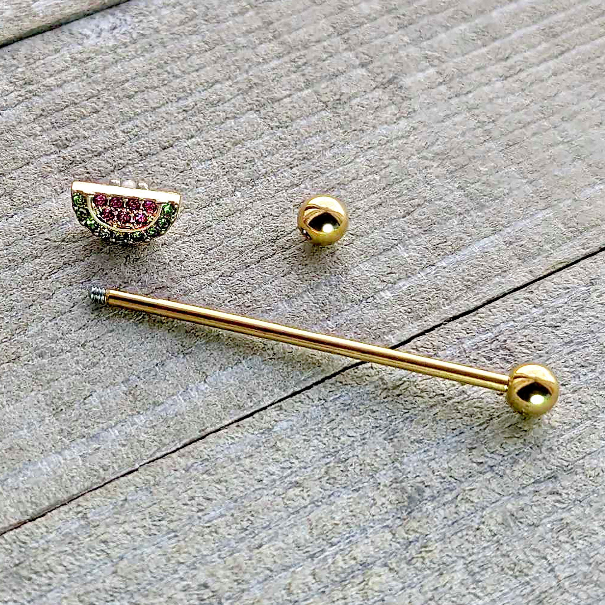 BodyCandy 14G Pink Green Gem Gold Hue Watermelon Yum Industrial Barbell 38mm — back view