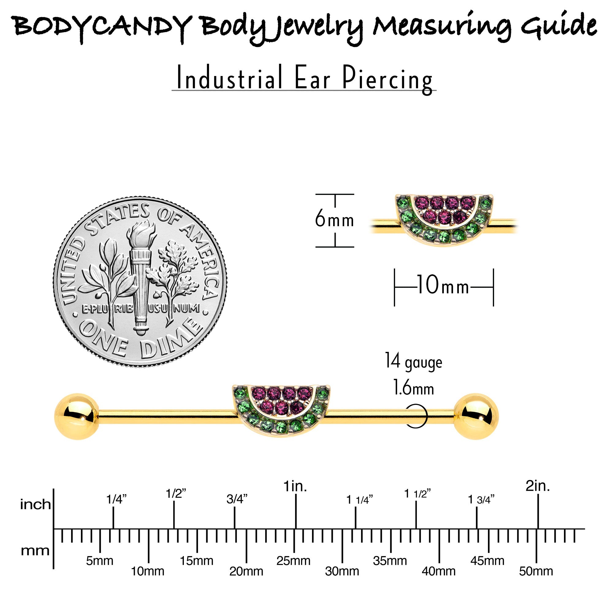 BodyCandy 14G Pink Green Gem Gold Hue Watermelon Yum Industrial Barbell 38mm — alternative angle