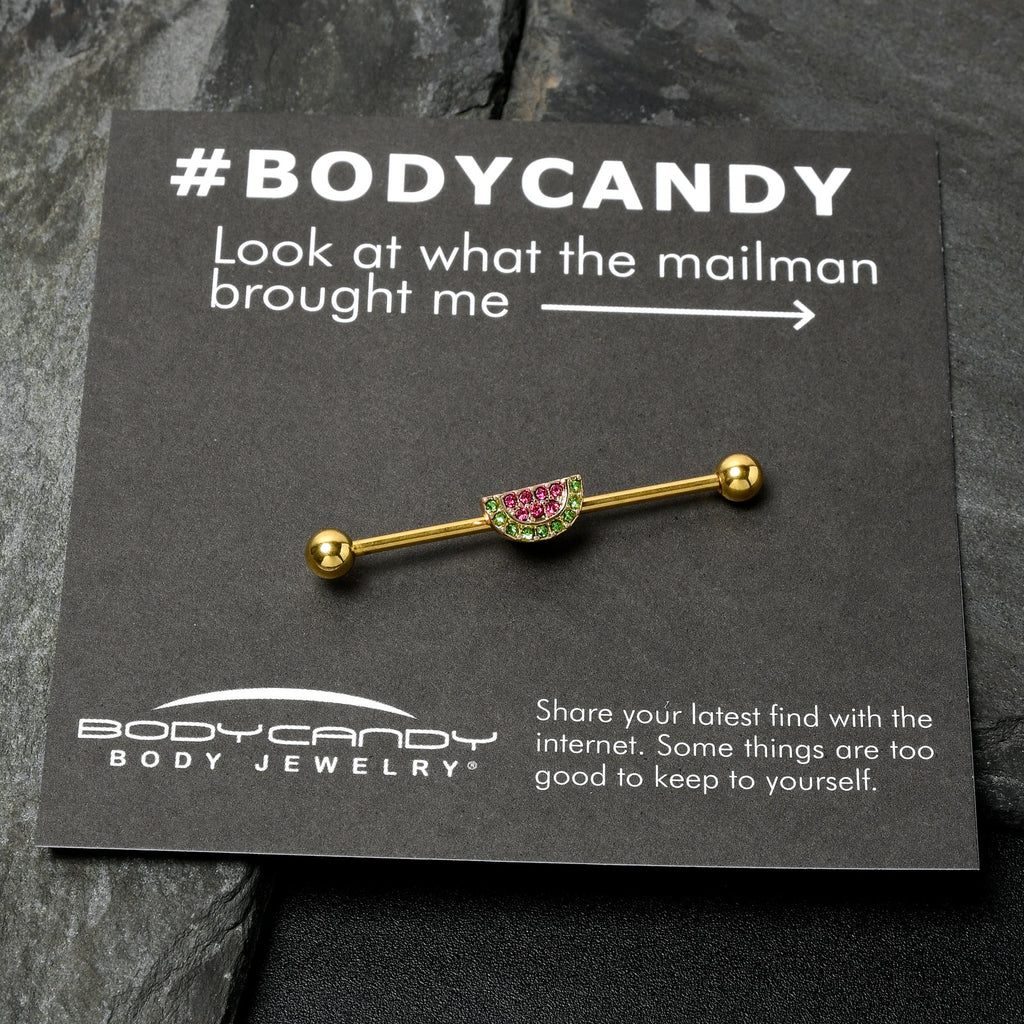 BodyCandy 14G Pink Green Gem Gold Hue Watermelon Yum Industrial Barbell 38mm — in-use photo