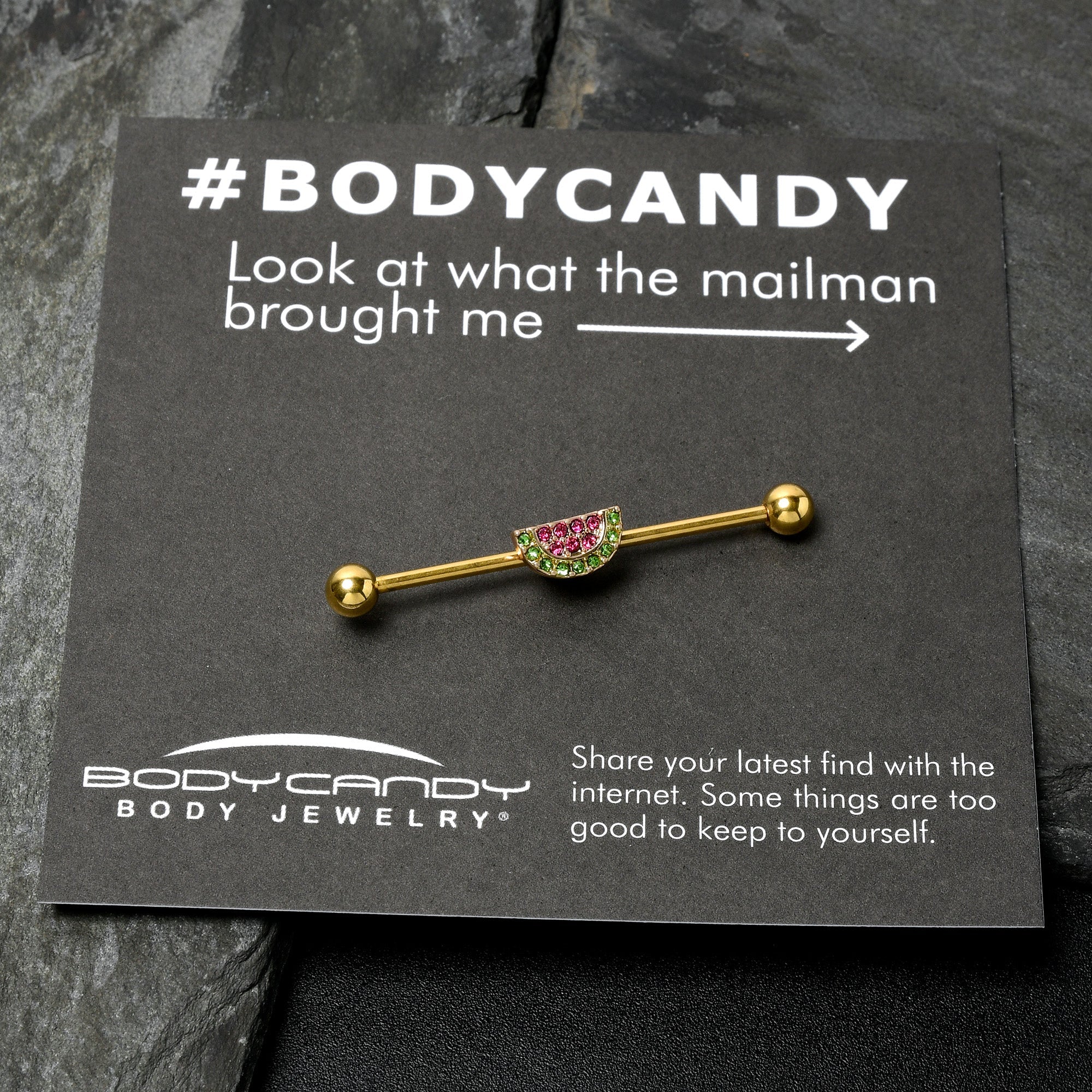 BodyCandy 14G Pink Green Gem Gold Hue Watermelon Yum Industrial Barbell 38mm — in-use photo