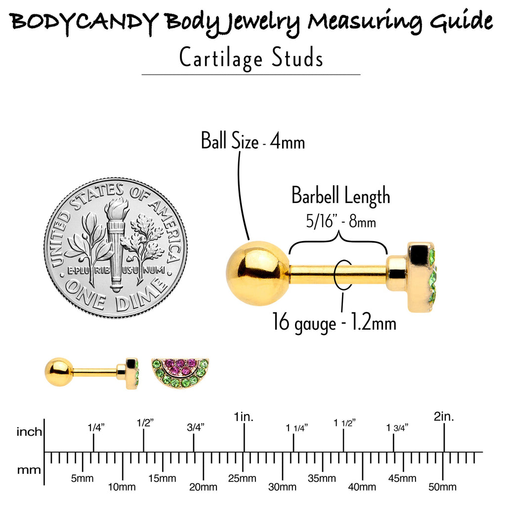 BodyCandy 16G 1/4 Pink Gem Gold Hue Watermelon Yum Cartilage Tragus Earring — back view