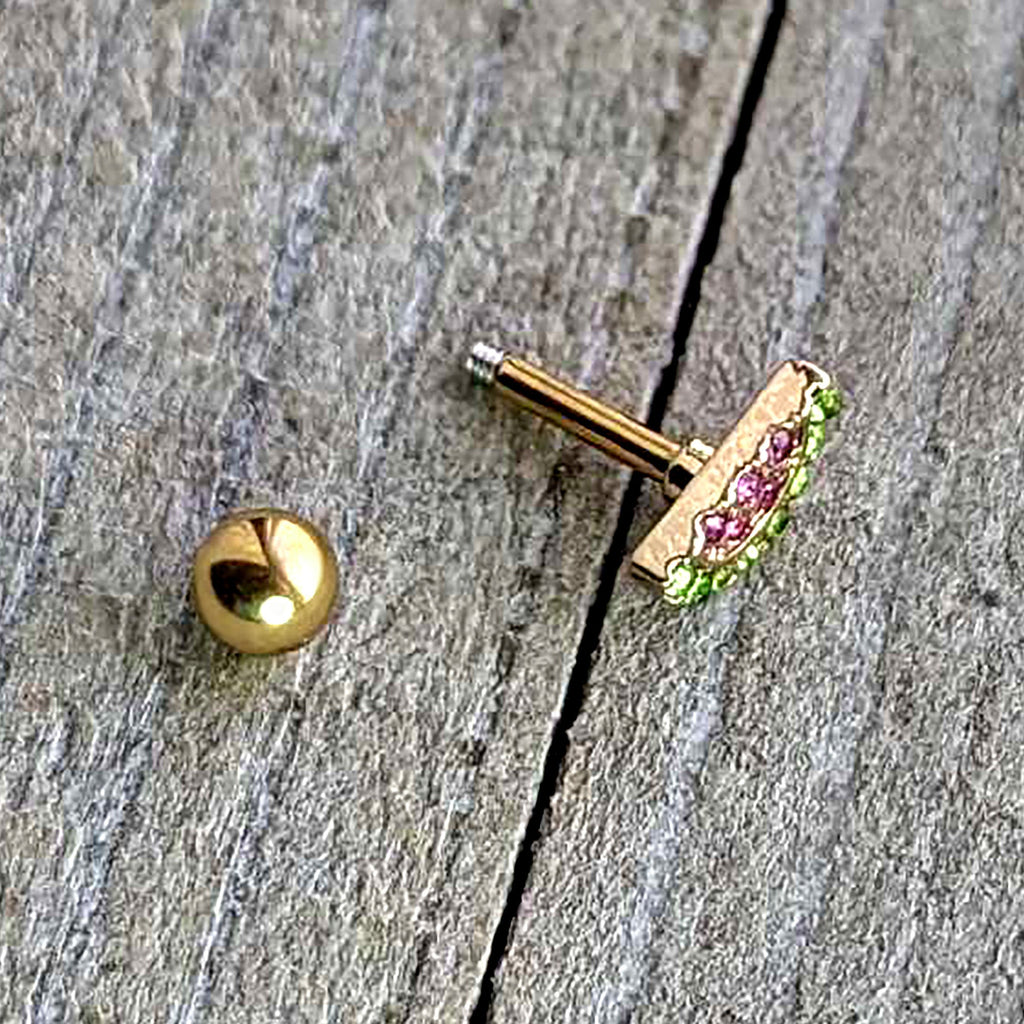 BodyCandy 16G 1/4 Pink Gem Gold Hue Watermelon Yum Cartilage Tragus Earring — in-use photo