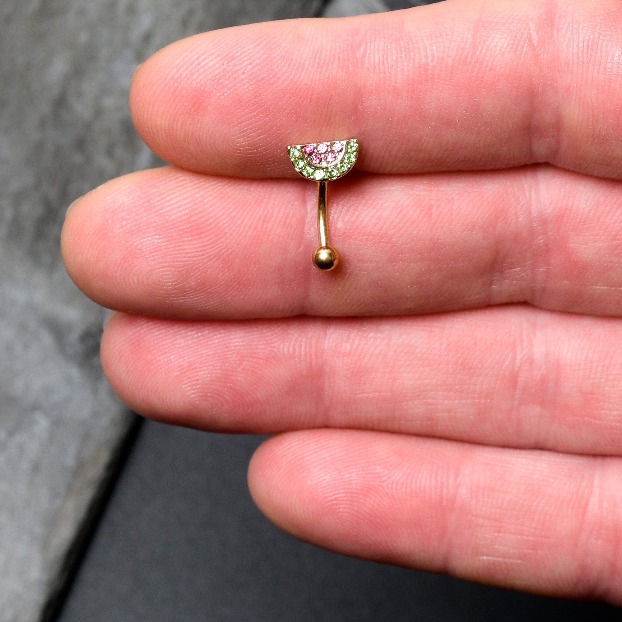 BodyCandy 16G 5/16 Pink Gem Gold Tone Watermelon Yum Curved Eyebrow Ring — detail close-up