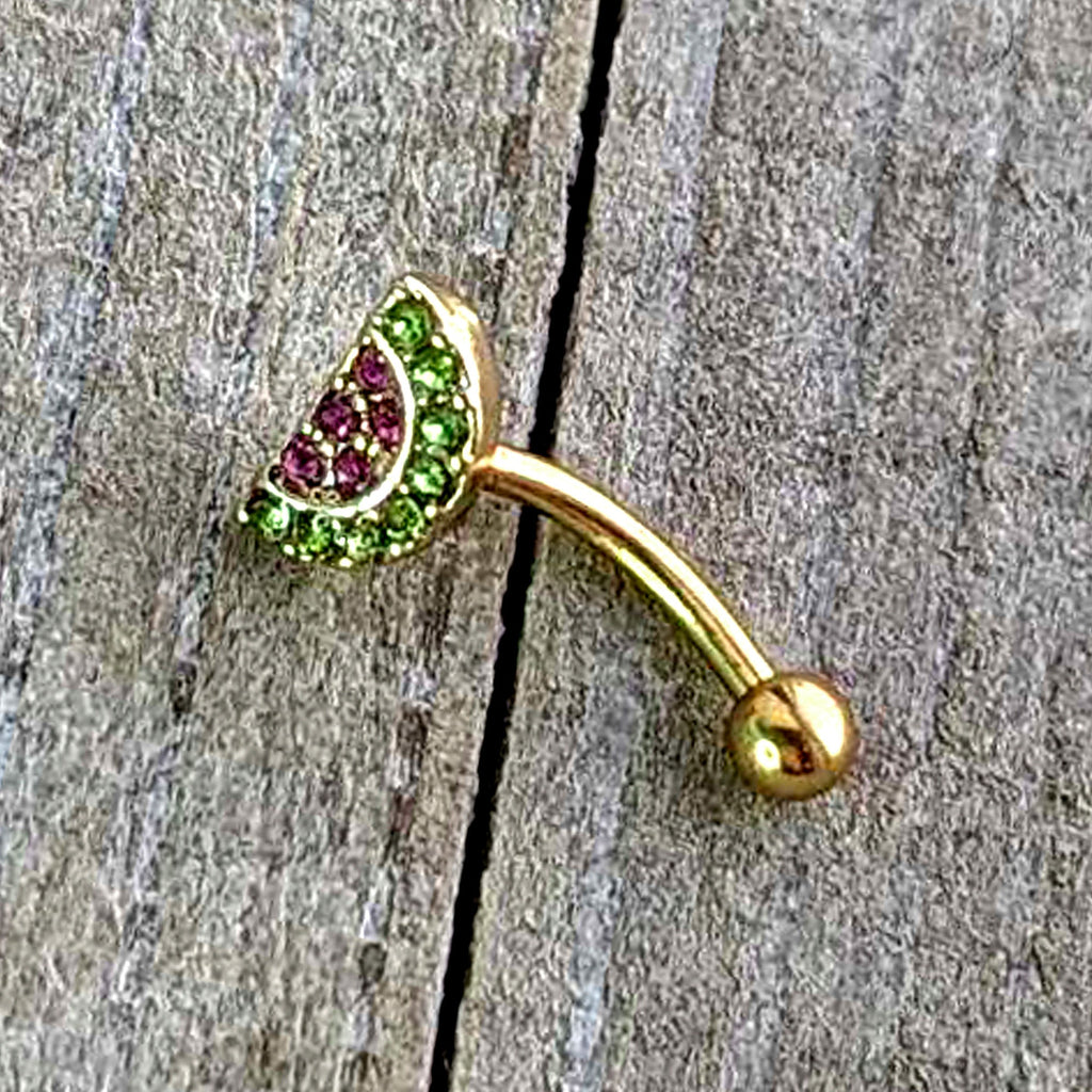 BodyCandy 16G 5/16 Pink Gem Gold Tone Watermelon Yum Curved Eyebrow Ring — side view
