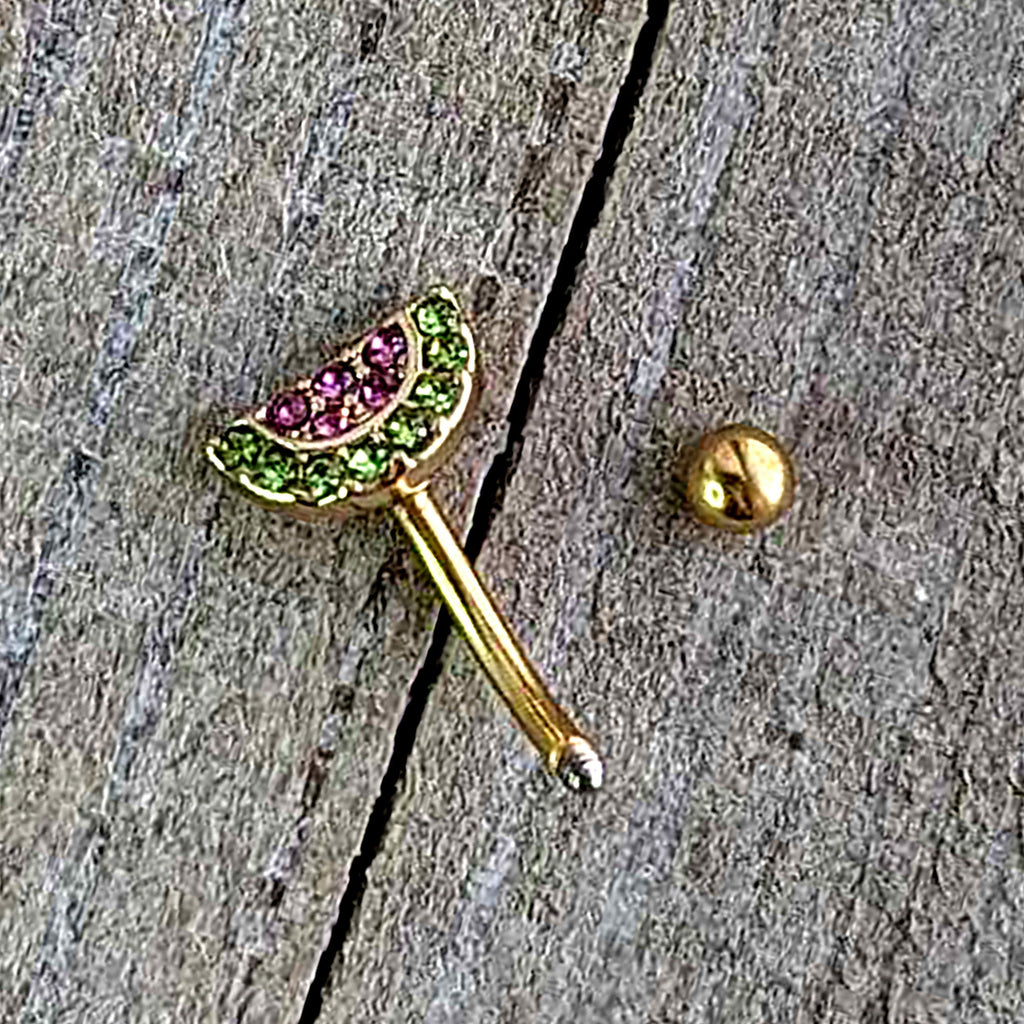BodyCandy 16G 5/16 Pink Gem Gold Tone Watermelon Yum Curved Eyebrow Ring — back view