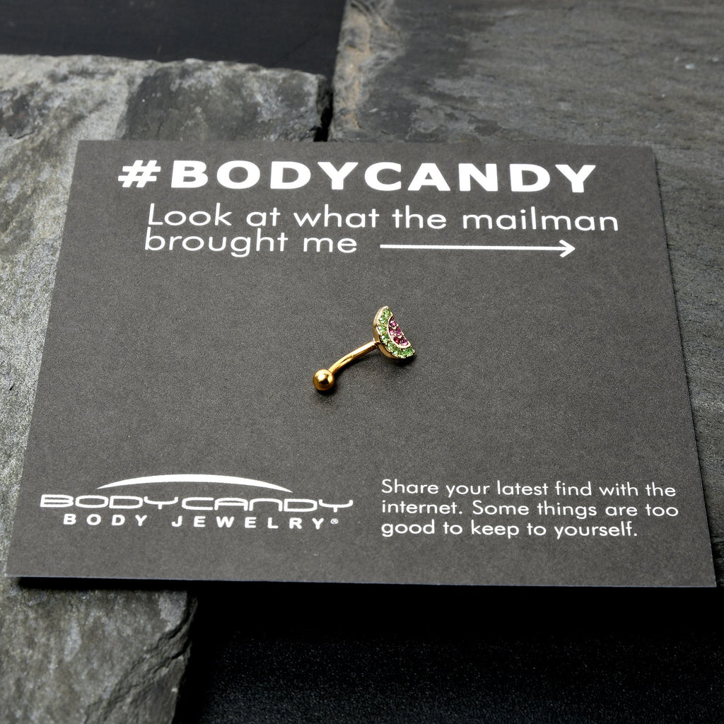 BodyCandy 16G 5/16 Pink Gem Gold Tone Watermelon Yum Curved Eyebrow Ring — in-use photo
