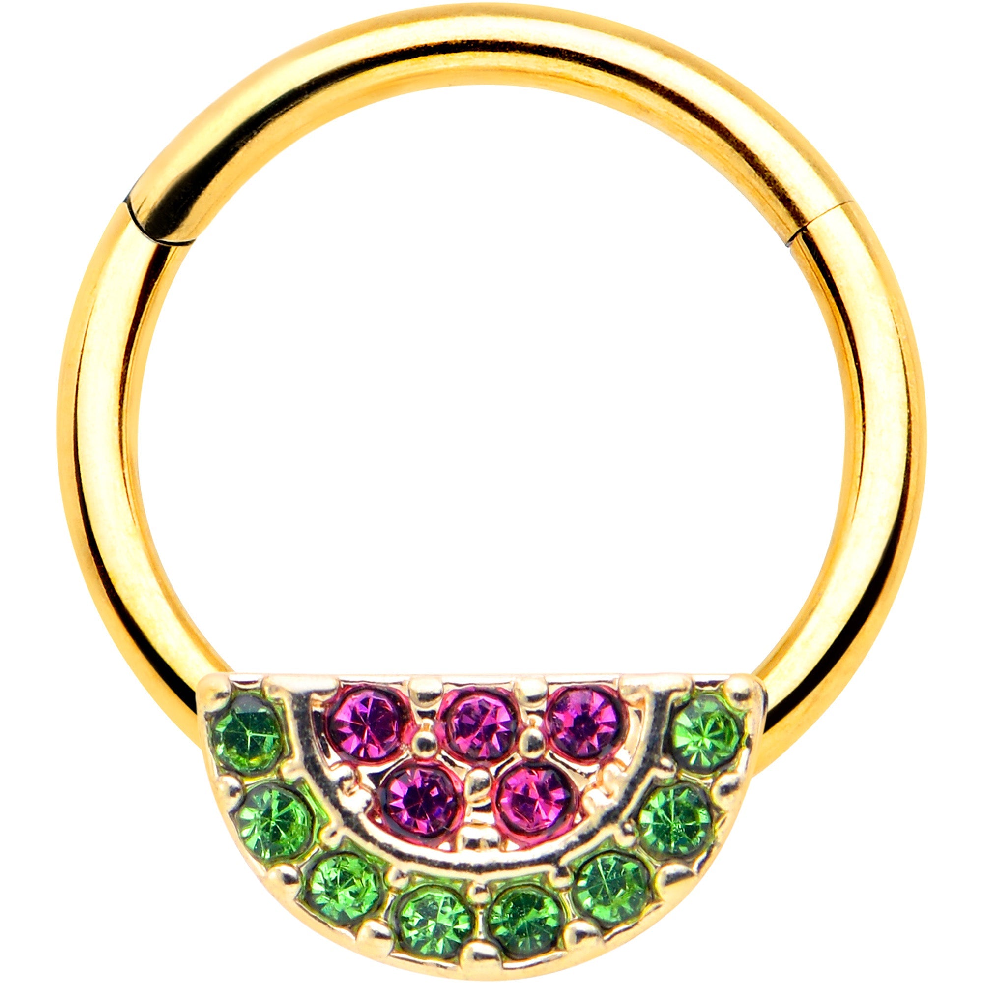BodyCandy 16G 3/8 Pink Green Gem Gold Hue Watermelon Yum Hinged Segment Ring — main product shot