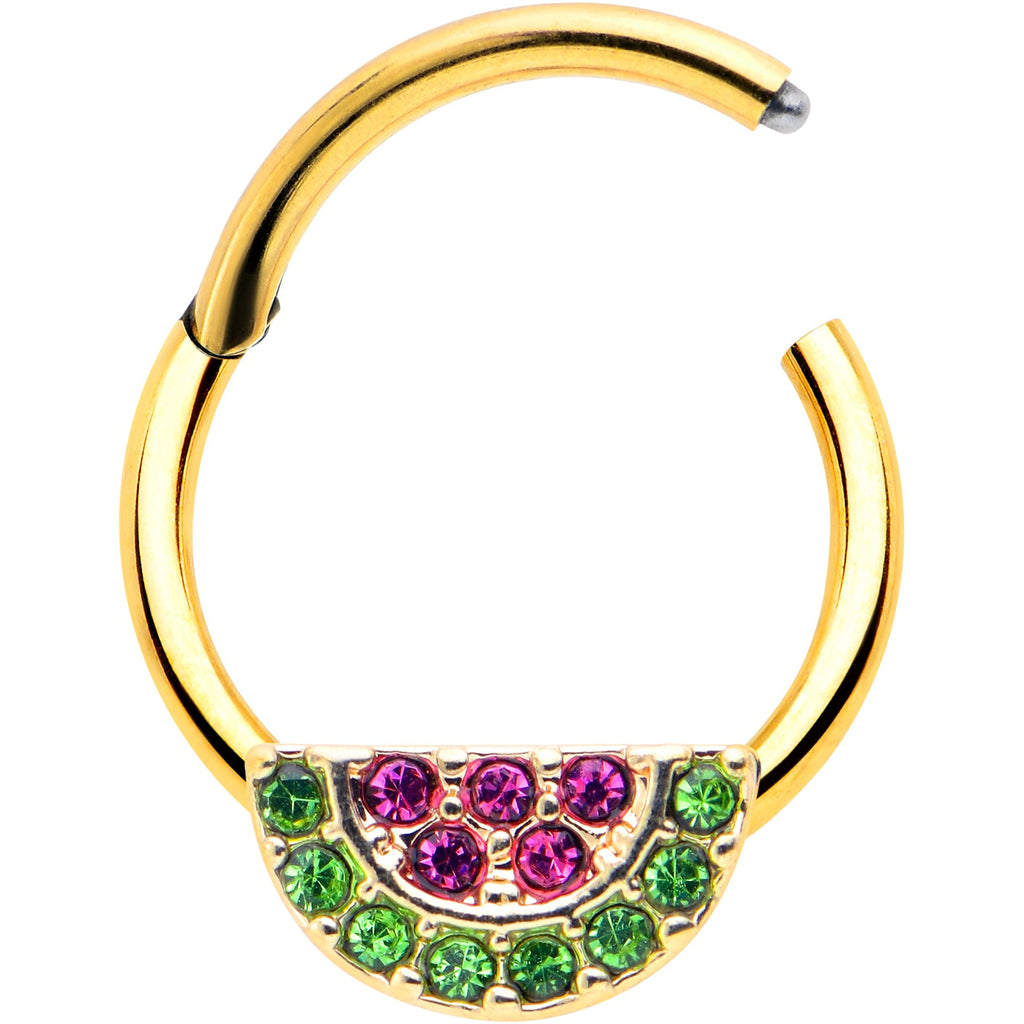 BodyCandy 16G 3/8 Pink Green Gem Gold Hue Watermelon Yum Hinged Segment Ring — detail close-up
