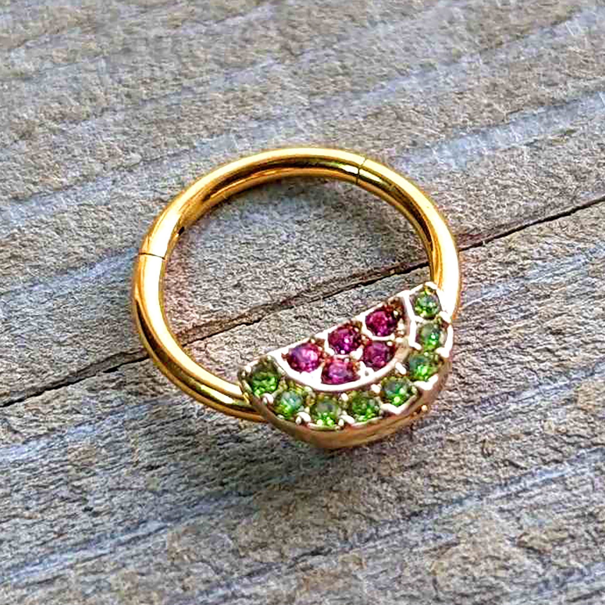 BodyCandy 16G 3/8 Pink Green Gem Gold Hue Watermelon Yum Hinged Segment Ring — back view