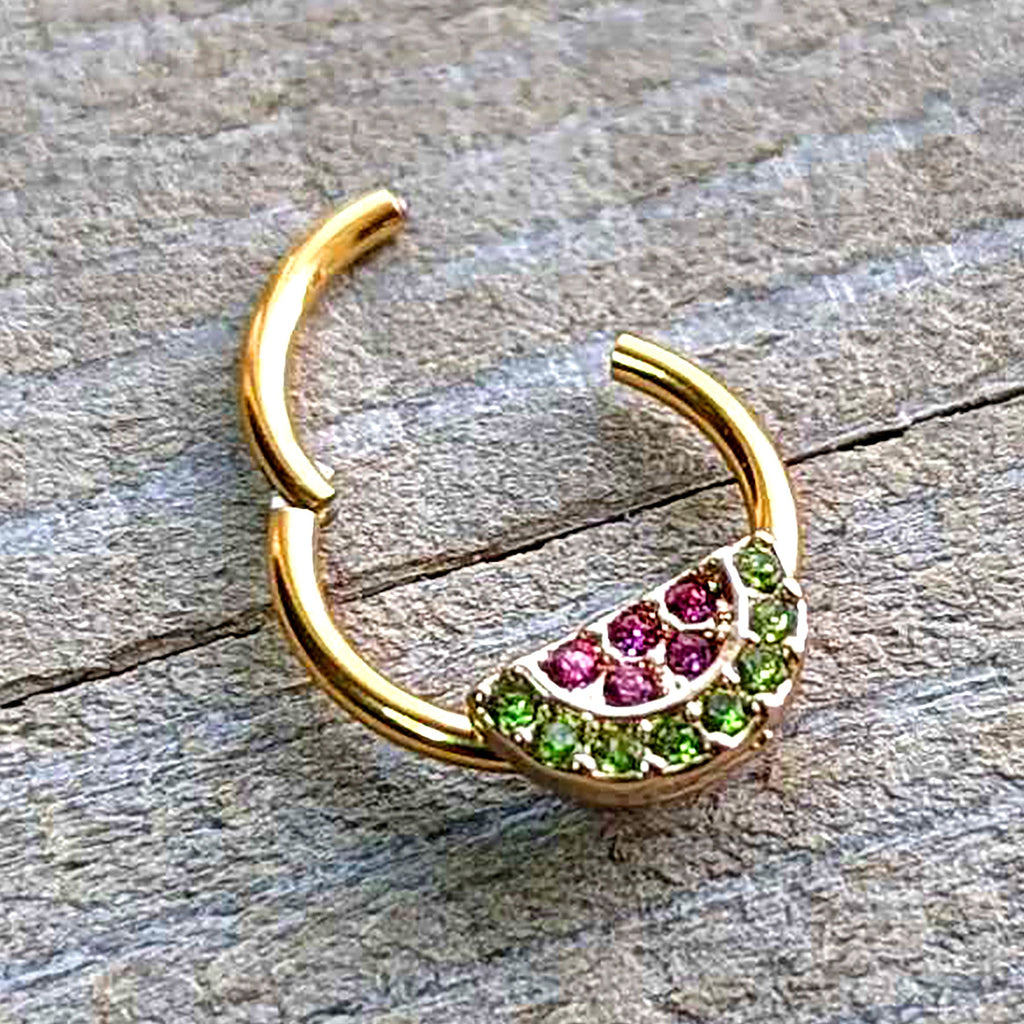BodyCandy 16G 3/8 Pink Green Gem Gold Hue Watermelon Yum Hinged Segment Ring — alternative angle