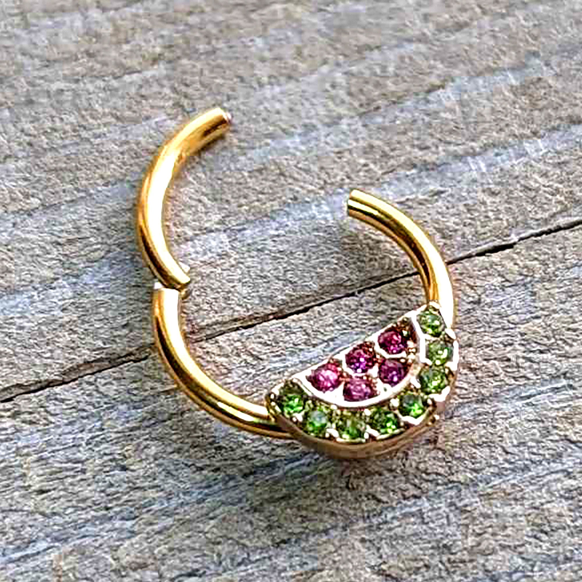 BodyCandy 16G 3/8 Pink Green Gem Gold Hue Watermelon Yum Hinged Segment Ring — alternative angle