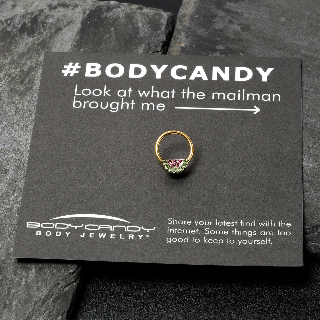 BodyCandy 16G 3/8 Pink Green Gem Gold Hue Watermelon Yum Hinged Segment Ring — in-use photo