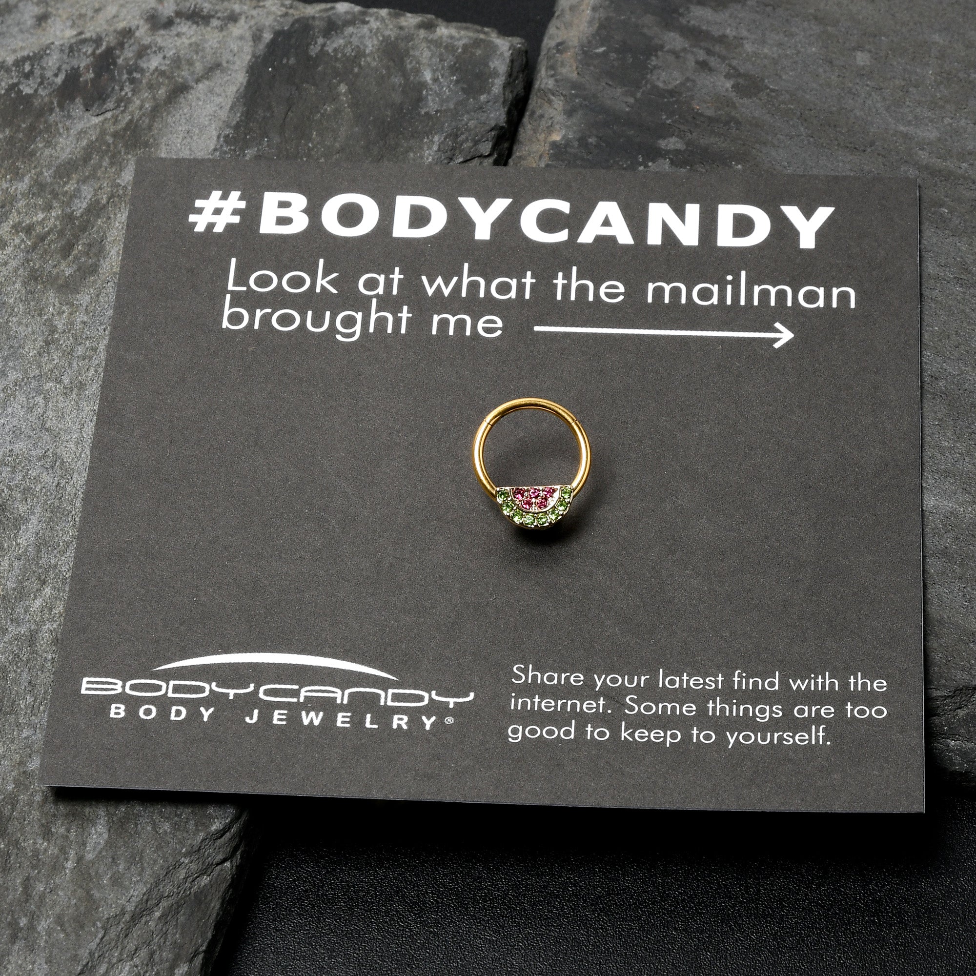 BodyCandy 16G 3/8 Pink Green Gem Gold Hue Watermelon Yum Hinged Segment Ring — in-use photo