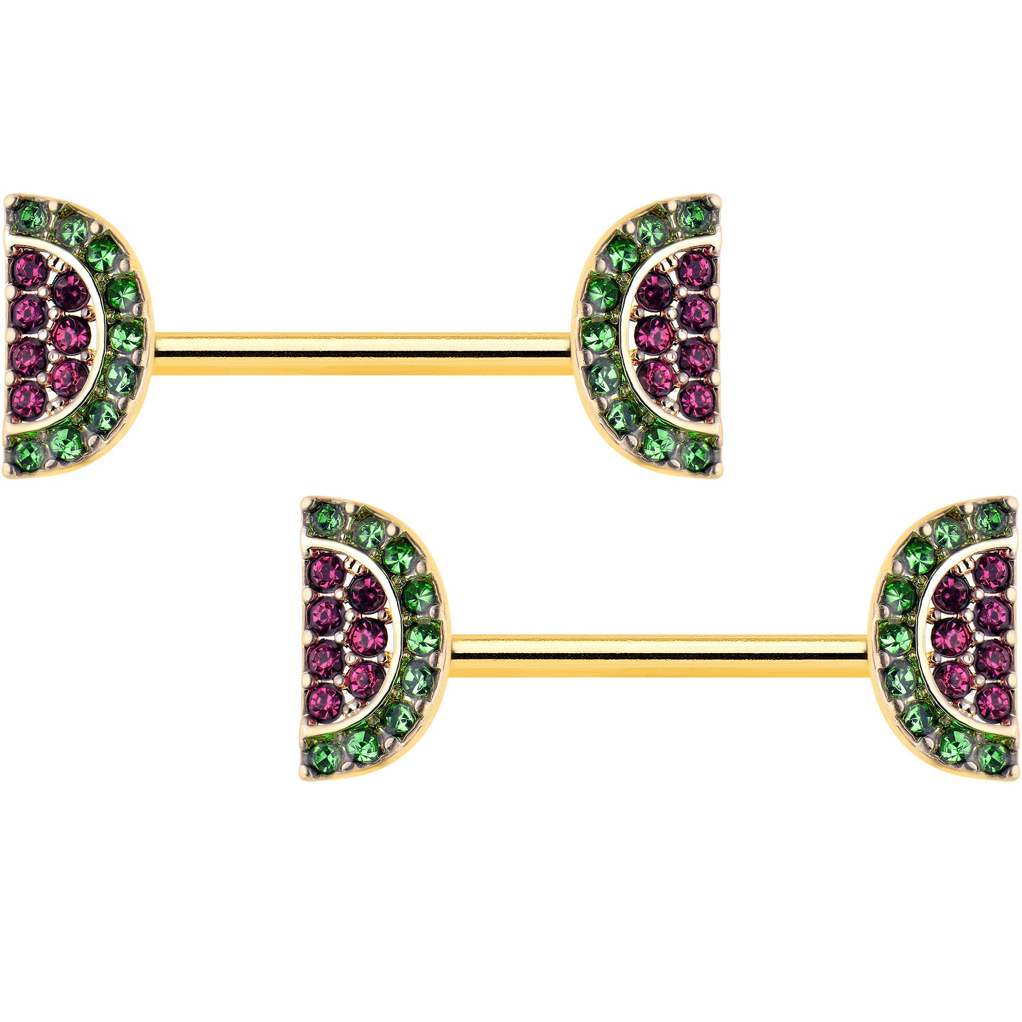 BodyCandy 14G 9/16 Pink Gem Gold Hue Watermelon Yum Barbell Nipple Ring Set — main product shot