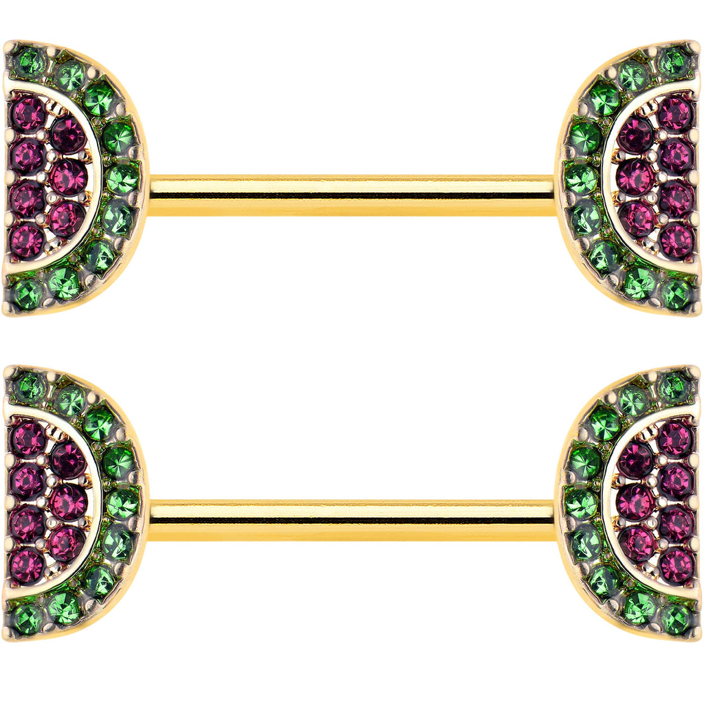 BodyCandy 14G 9/16 Pink Gem Gold Hue Watermelon Yum Barbell Nipple Ring Set — detail close-up