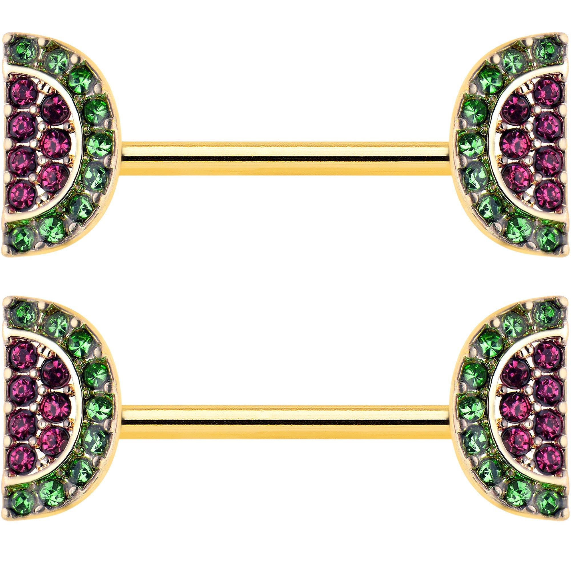 BodyCandy 14G 9/16 Pink Gem Gold Hue Watermelon Yum Barbell Nipple Ring Set — detail close-up