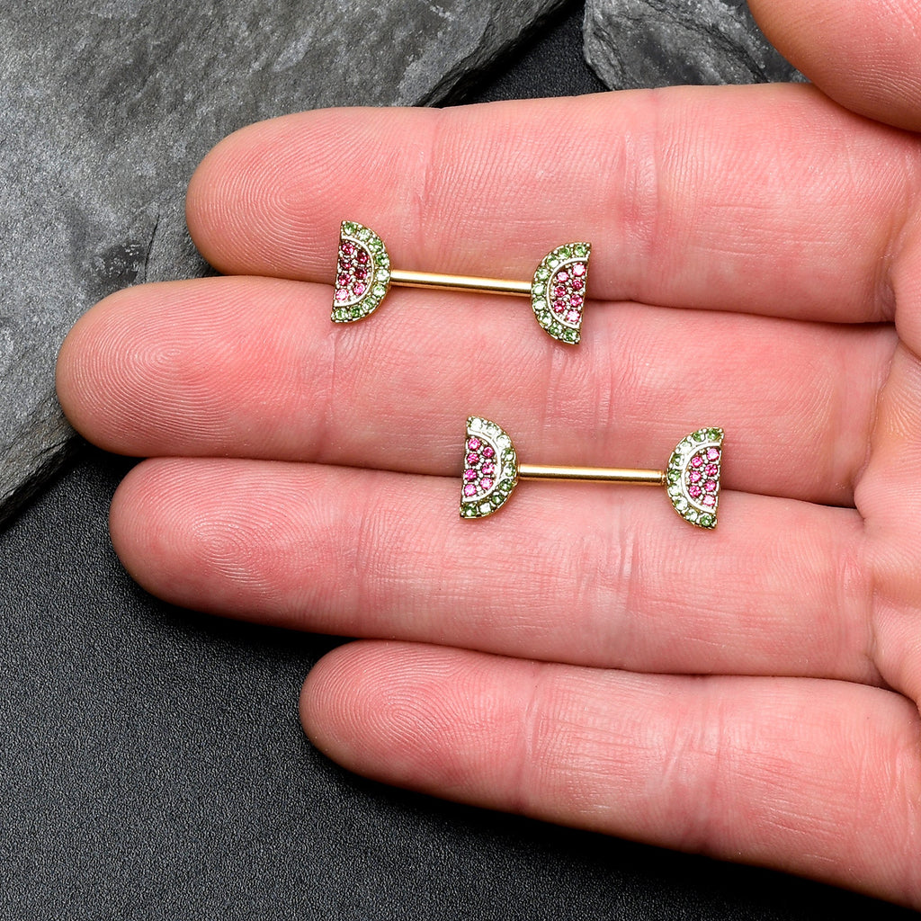 BodyCandy 14G 9/16 Pink Gem Gold Hue Watermelon Yum Barbell Nipple Ring Set — lifestyle context