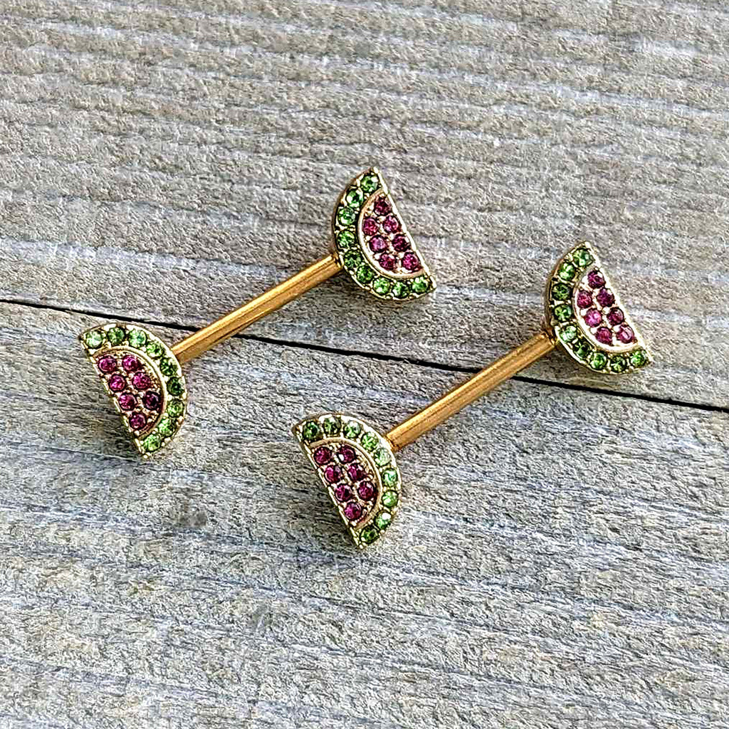 BodyCandy 14G 9/16 Pink Gem Gold Hue Watermelon Yum Barbell Nipple Ring Set — side view