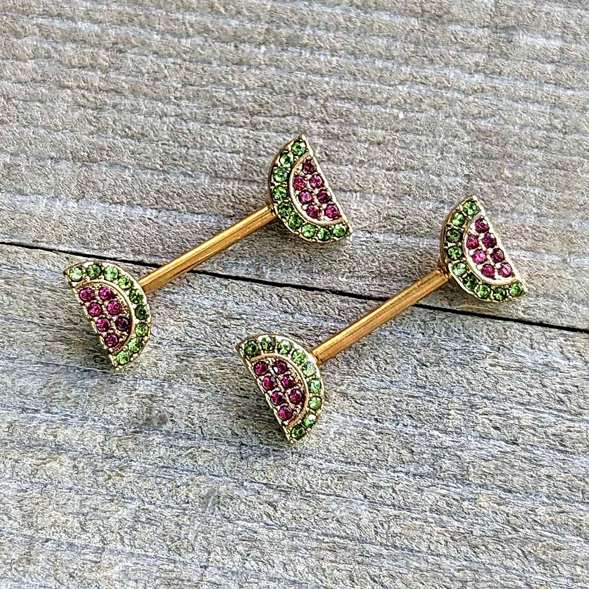 BodyCandy 14G 9/16 Pink Gem Gold Hue Watermelon Yum Barbell Nipple Ring Set — side view