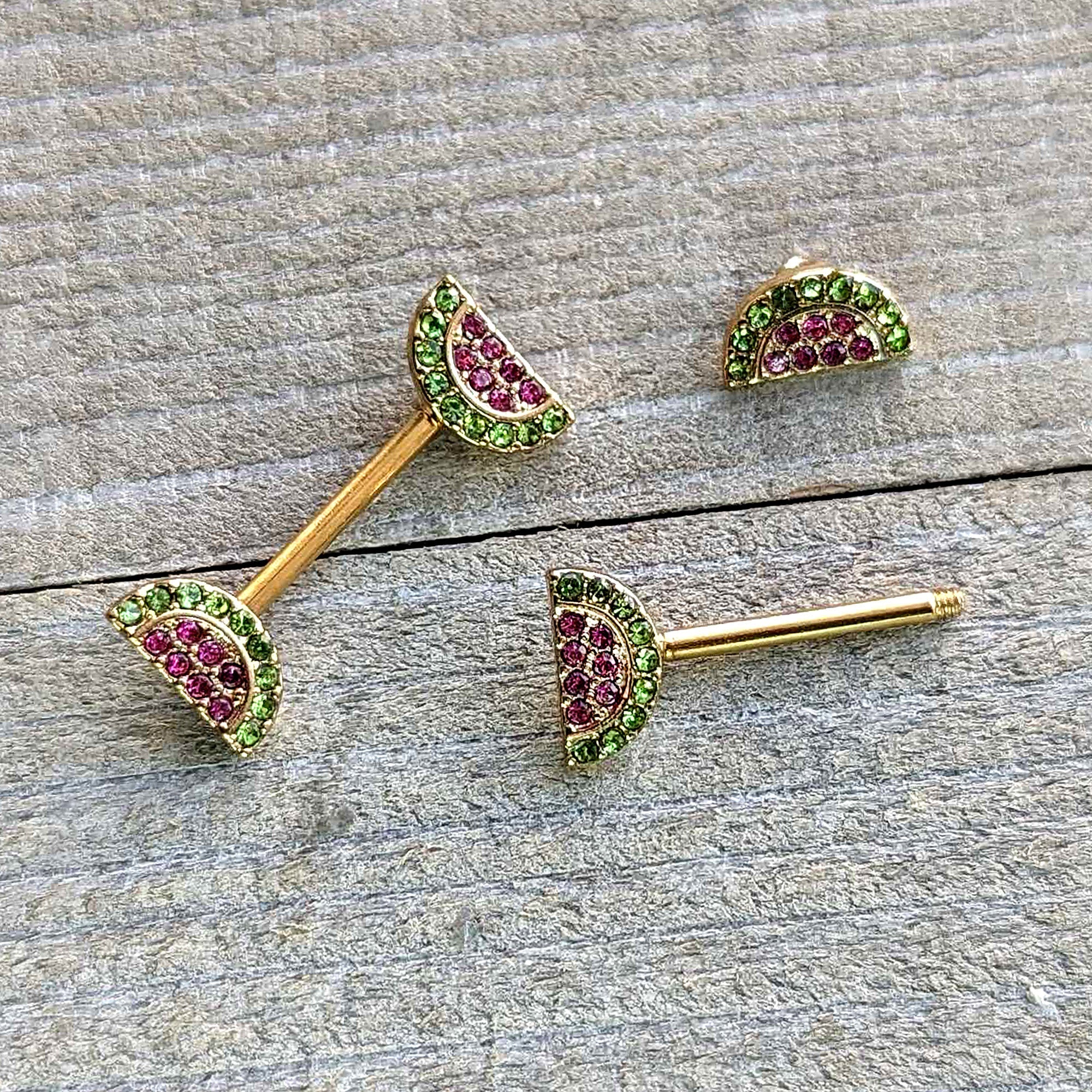 BodyCandy 14G 9/16 Pink Gem Gold Hue Watermelon Yum Barbell Nipple Ring Set — back view
