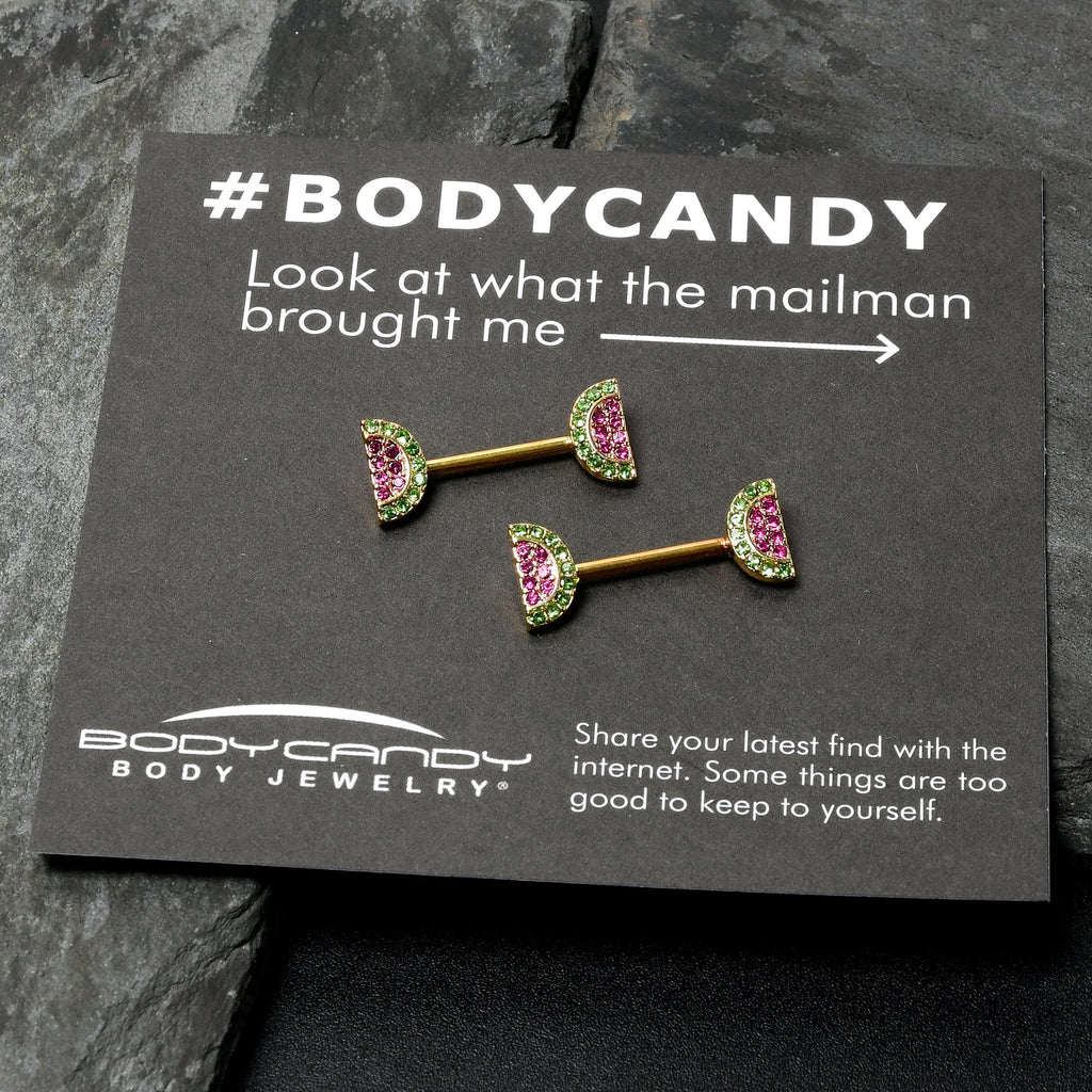 BodyCandy 14G 9/16 Pink Gem Gold Hue Watermelon Yum Barbell Nipple Ring Set — in-use photo