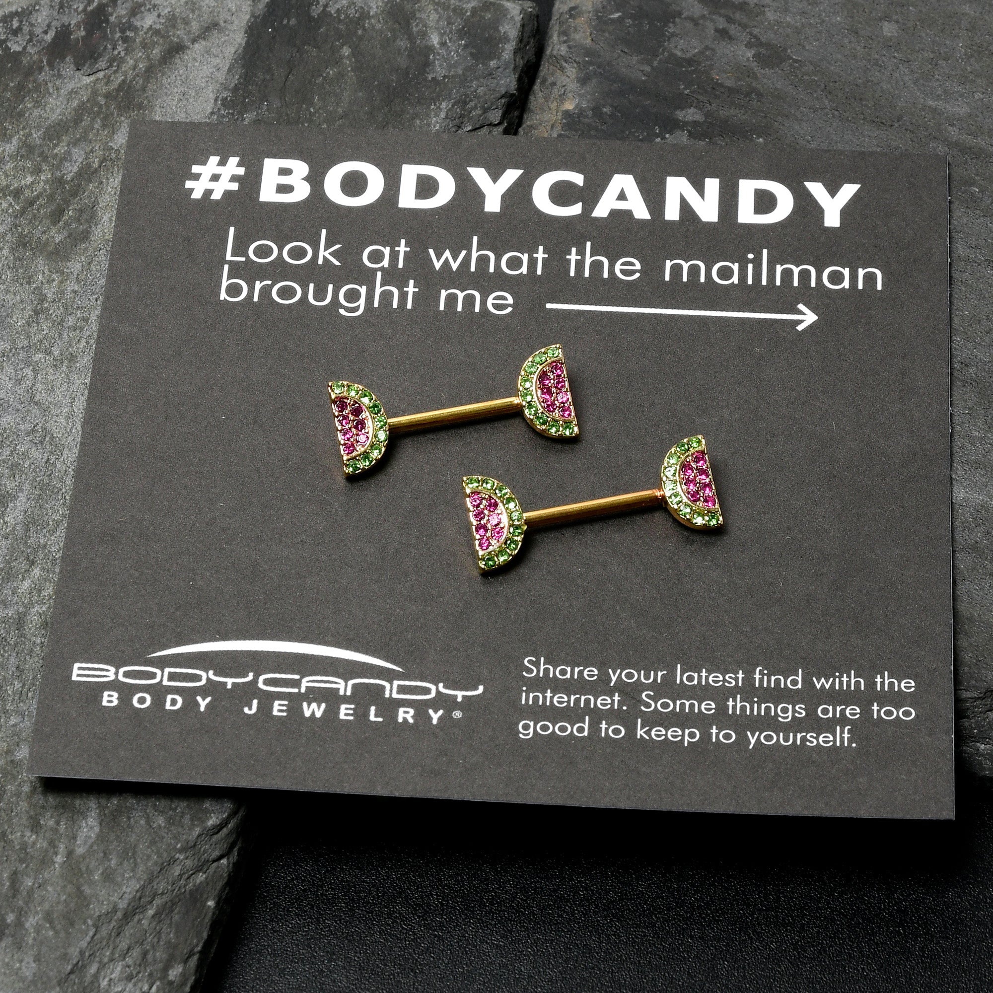 BodyCandy 14G 9/16 Pink Gem Gold Hue Watermelon Yum Barbell Nipple Ring Set — in-use photo