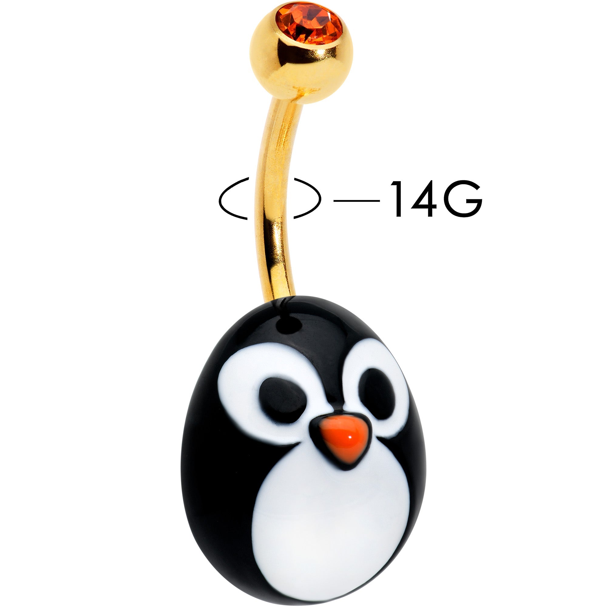 BodyCandy Red Gem Gold Tone Round Face Penguin Holiday Winter Belly Ring — detail close-up