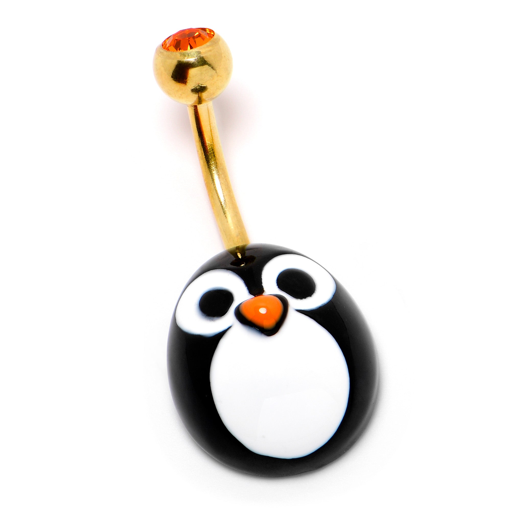 BodyCandy Red Gem Gold Tone Round Face Penguin Holiday Winter Belly Ring — side view