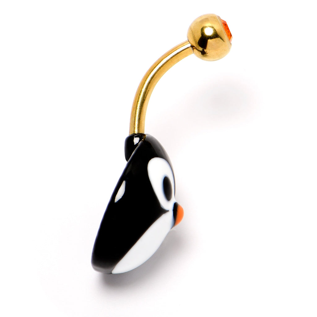 BodyCandy Red Gem Gold Tone Round Face Penguin Holiday Winter Belly Ring — back view