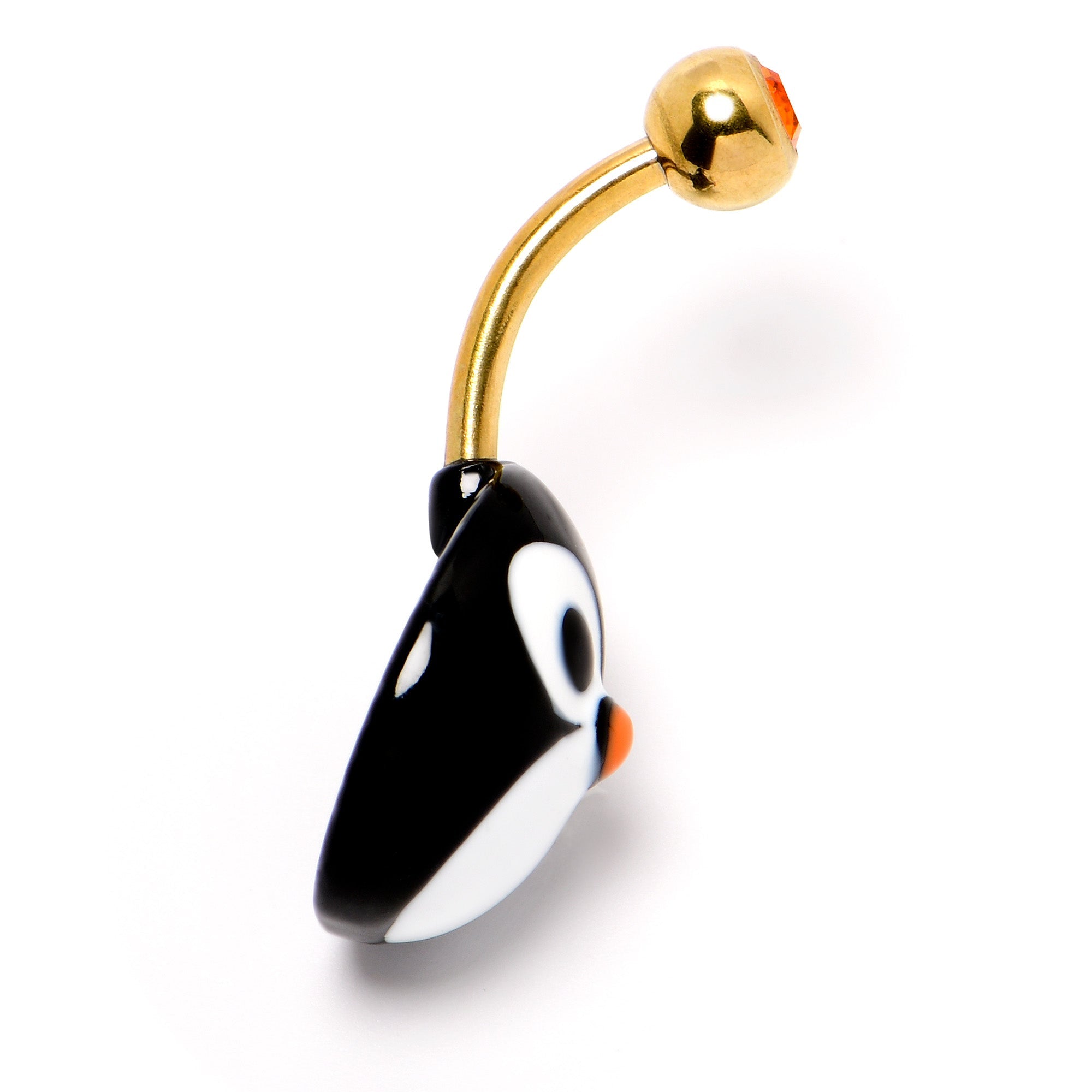 BodyCandy Red Gem Gold Tone Round Face Penguin Holiday Winter Belly Ring — back view