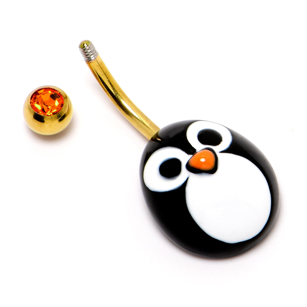 BodyCandy Red Gem Gold Tone Round Face Penguin Holiday Winter Belly Ring — alternative angle