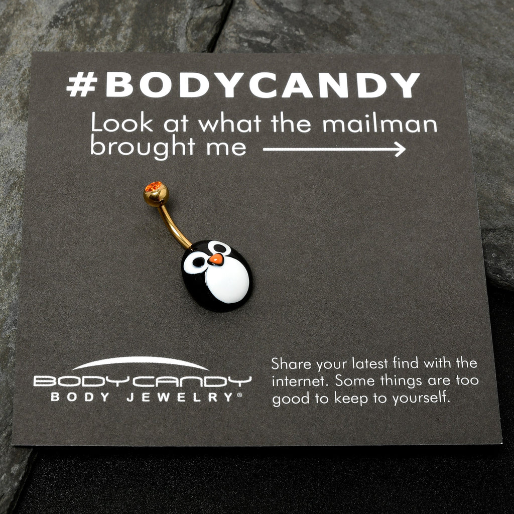 BodyCandy Red Gem Gold Tone Round Face Penguin Holiday Winter Belly Ring — size reference