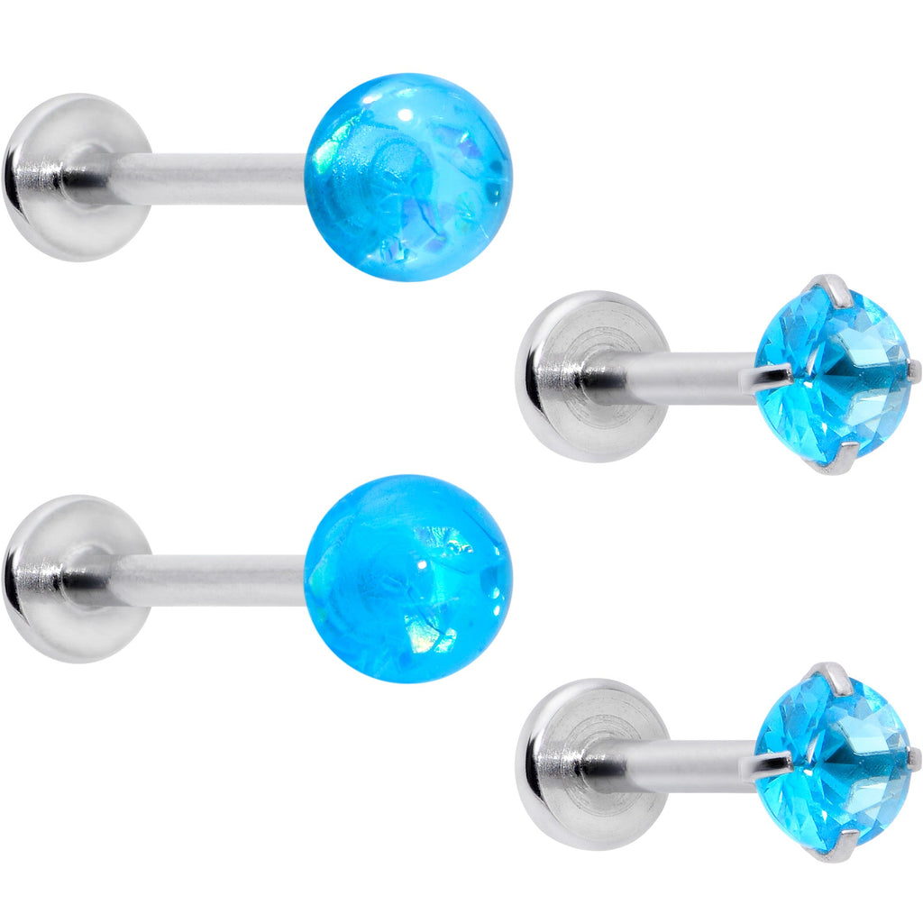 BodyCandy 16G 5/16 3/8 Blue Gem Faux Opal Labret Monroe Tragus Set of 4 — main product shot