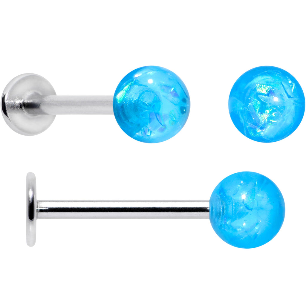 BodyCandy 16G 5/16 3/8 Blue Gem Faux Opal Labret Monroe Tragus Set of 4 — detail close-up