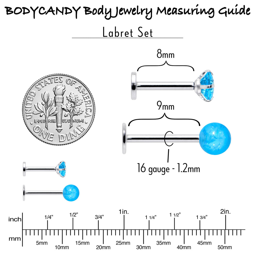BodyCandy 16G 5/16 3/8 Blue Gem Faux Opal Labret Monroe Tragus Set of 4 — alternative angle