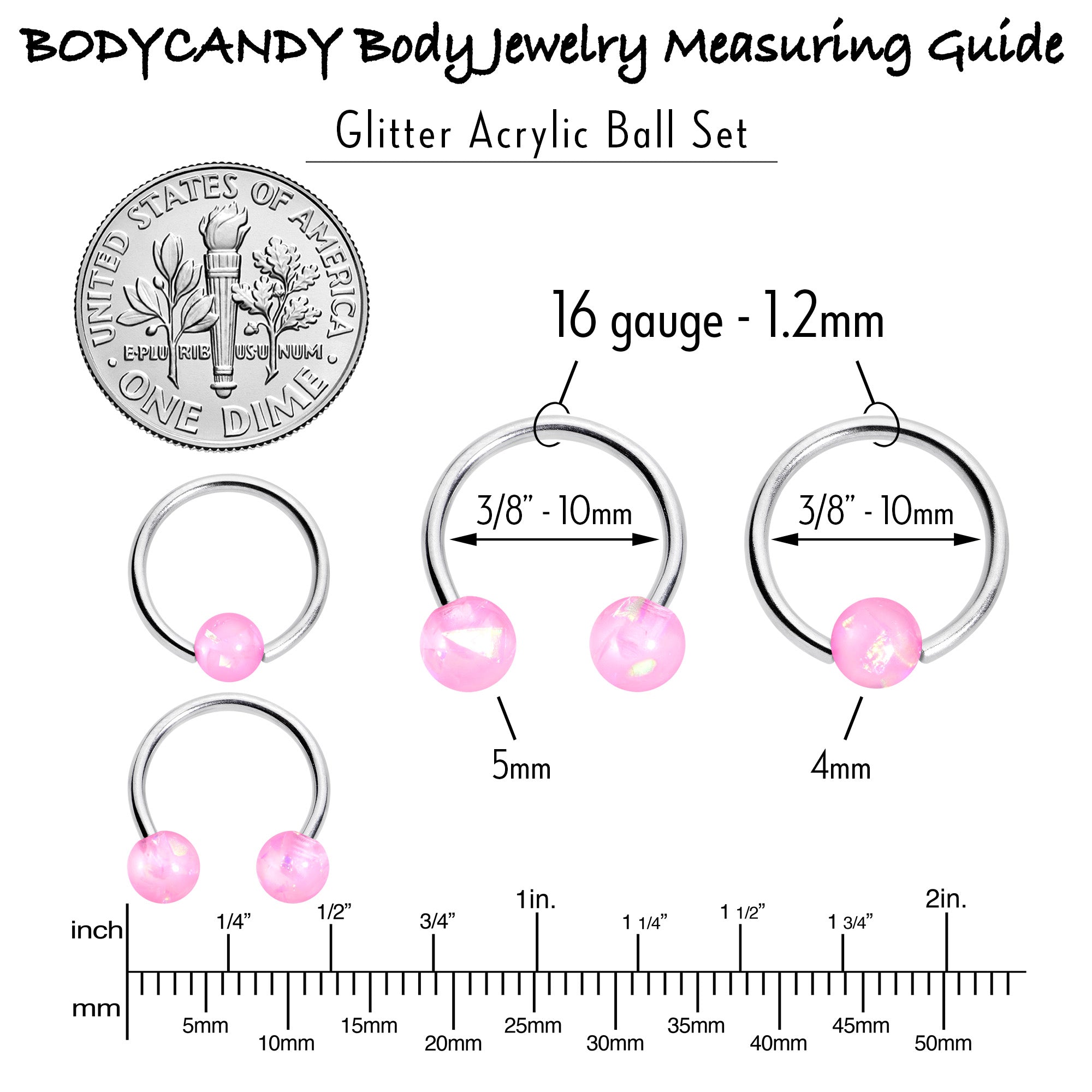 BodyCandy 16G 3/8 Pink Faux Opal Horseshoe BCR Captive Ring Set of 4 — back view