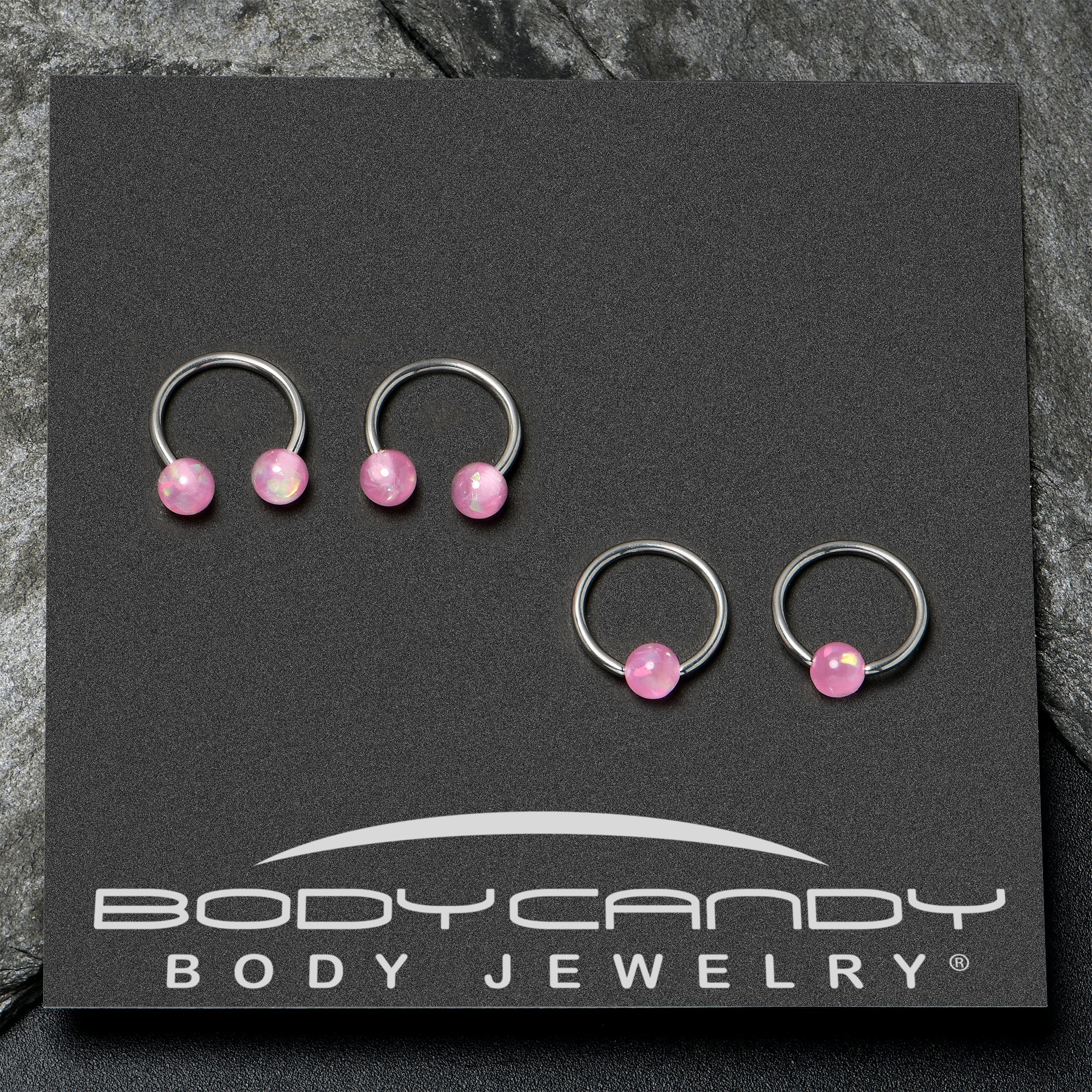 BodyCandy 16G 3/8 Pink Faux Opal Horseshoe BCR Captive Ring Set of 4 — alternative angle