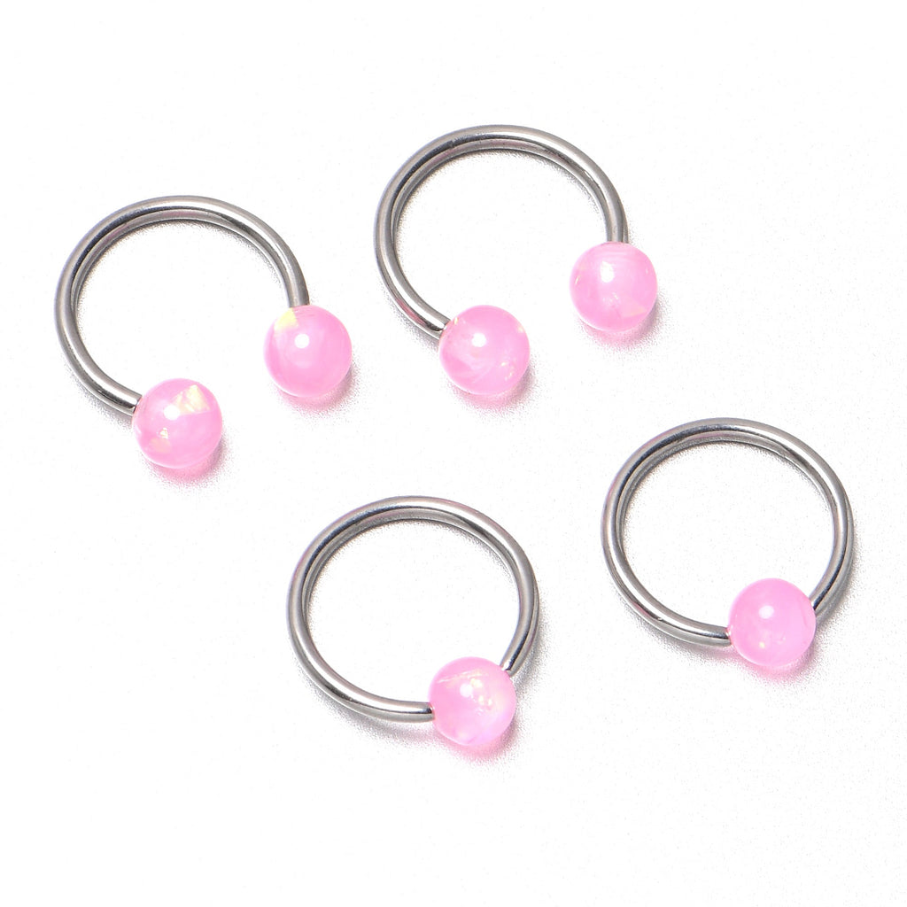 BodyCandy 16G 3/8 Pink Faux Opal Horseshoe BCR Captive Ring Set of 4 — in-use photo